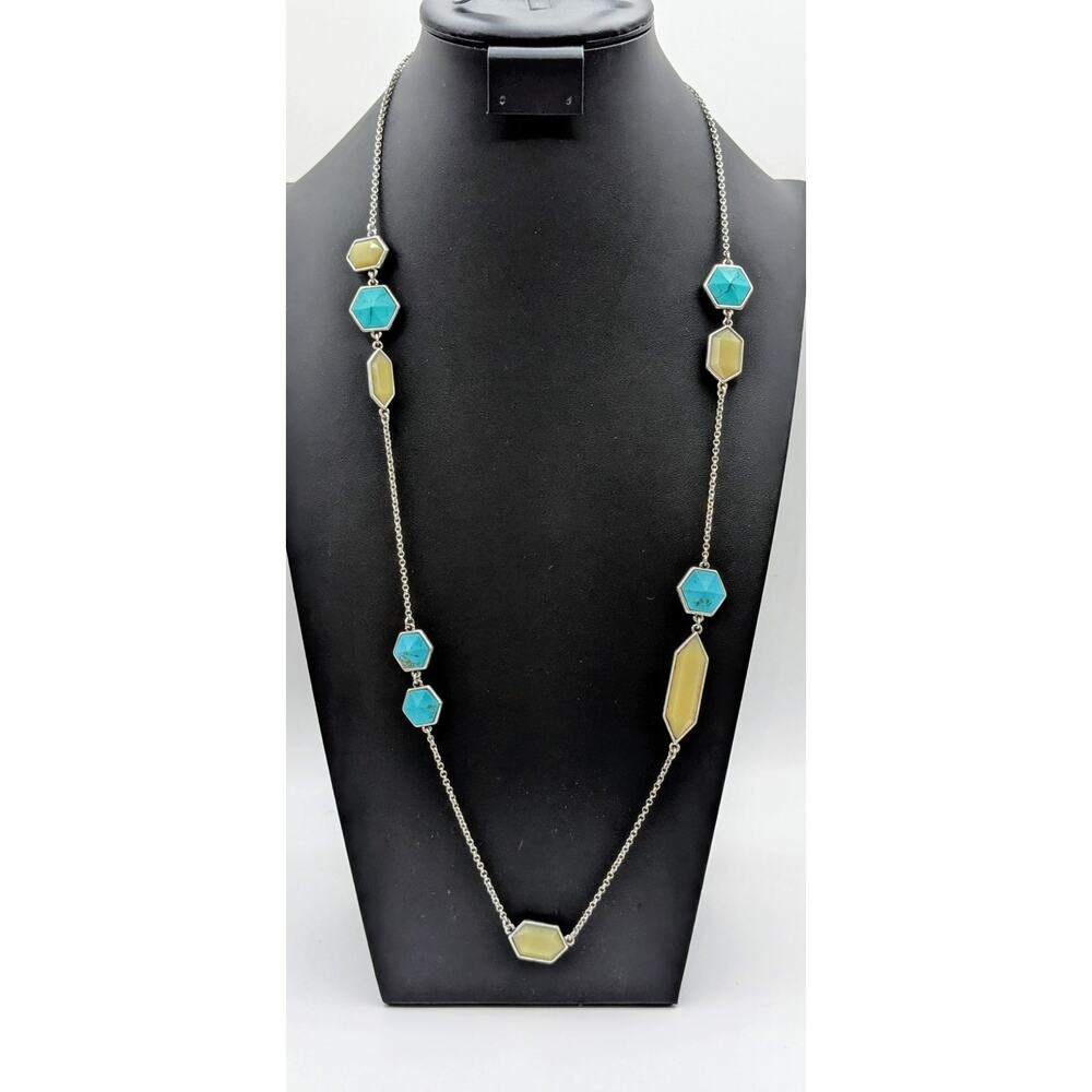 Lucky Brand NWT Blue & Green Bead Silver Tone Station 34"-36" Chain Necklace